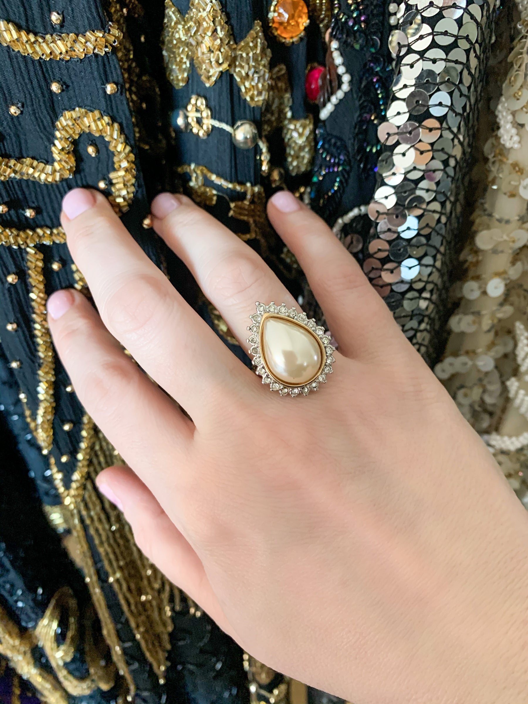 Massive Vintage Pearl Tear Drop Cocktail Ring Size 7