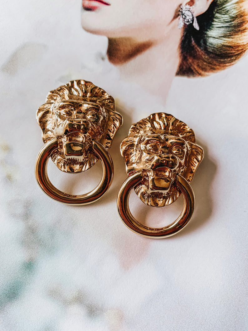 Vintage 1980's Kenneth Jay Lane Gold Lion's Head Earrings