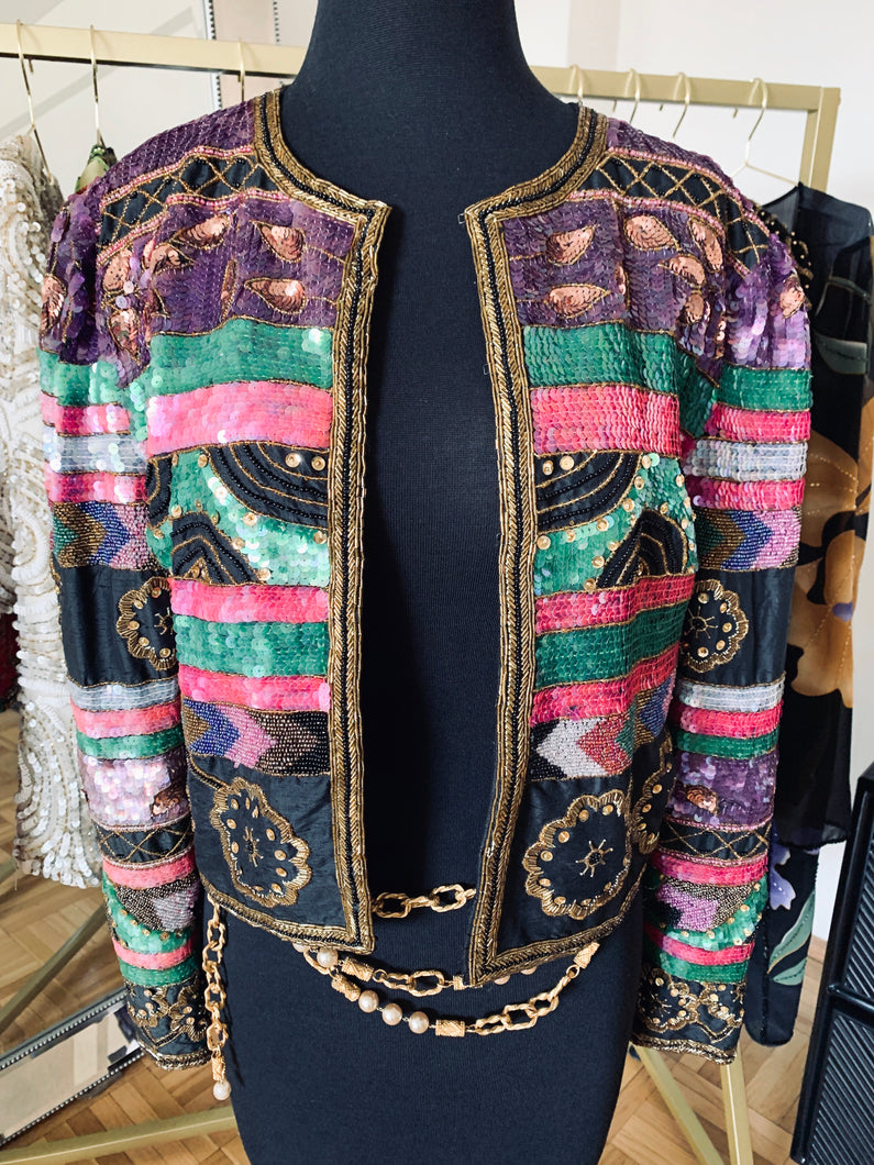 Vintage 1980's Pink + Purple Sequin Jacket Size Medium