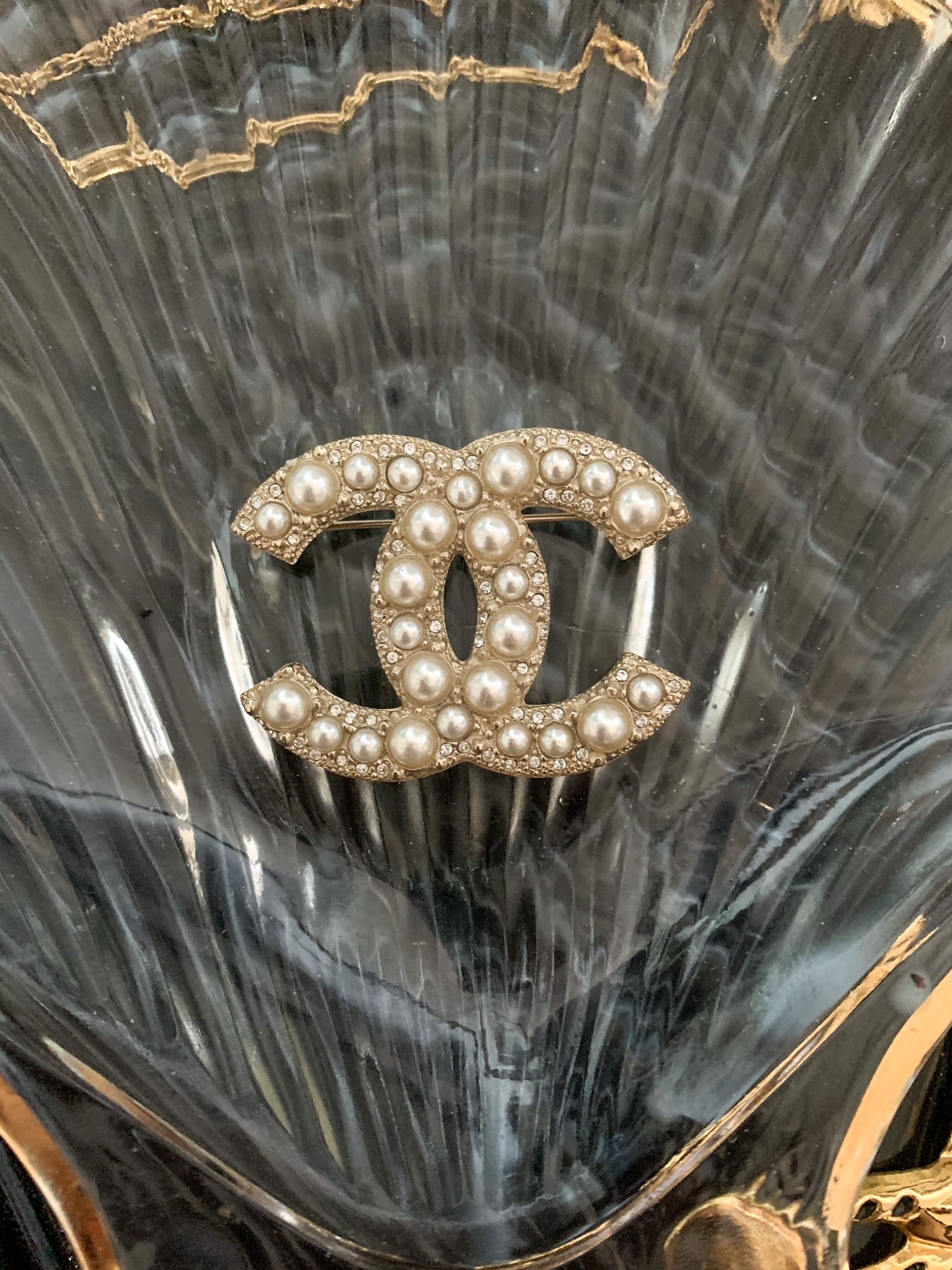 CHANEL CC Brooch with pearls and strass at 1stDibs