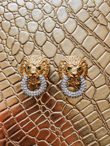Vintage 1980's Kenneth Jay Lane Gold and Crystal Pave Lion's Head Earrings