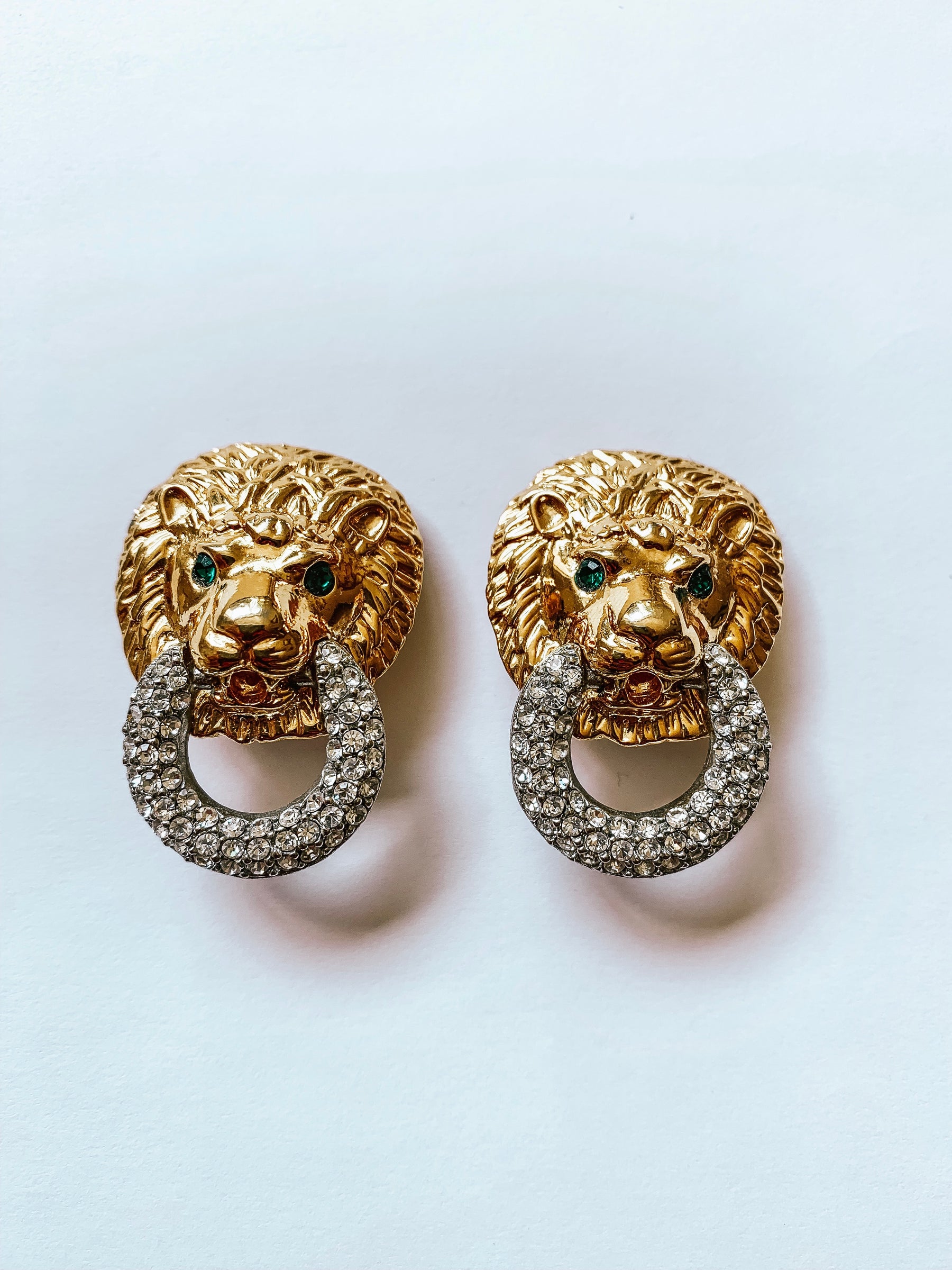 Vintage 1980's Kenneth Jay Lane Gold and Crystal Pave Lion's Head Earrings