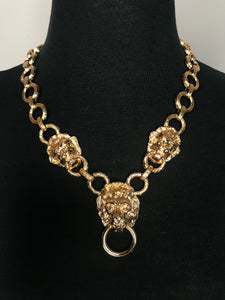 Vintage 1980's Kenneth Jay Lane Gold Plated Lion's Head Door Knocker Necklace