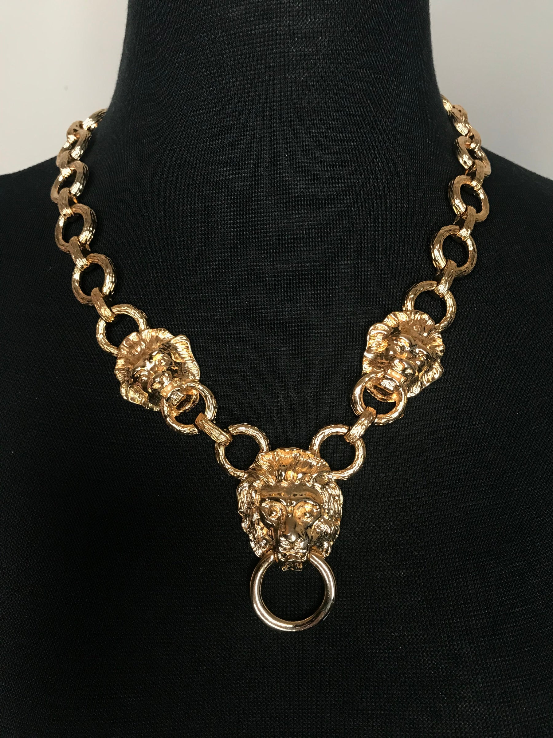 Vintage 1980's Kenneth Jay Lane Gold Plated Lion's Head Door Knocker Necklace