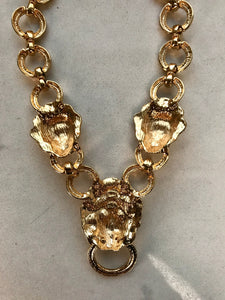 Vintage 1980's Kenneth Jay Lane Gold Plated Lion's Head Door Knocker Necklace