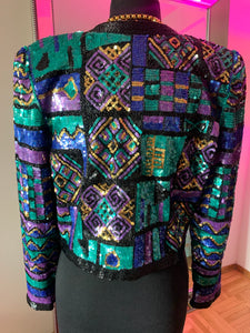Vintage 1980's Laurence Kazar Teal Sequin Cropped Bolero Jacket, S/M