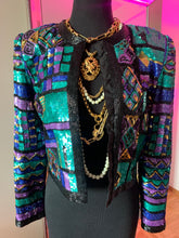 Vintage 1980's Laurence Kazar Teal Sequin Cropped Bolero Jacket, S/M