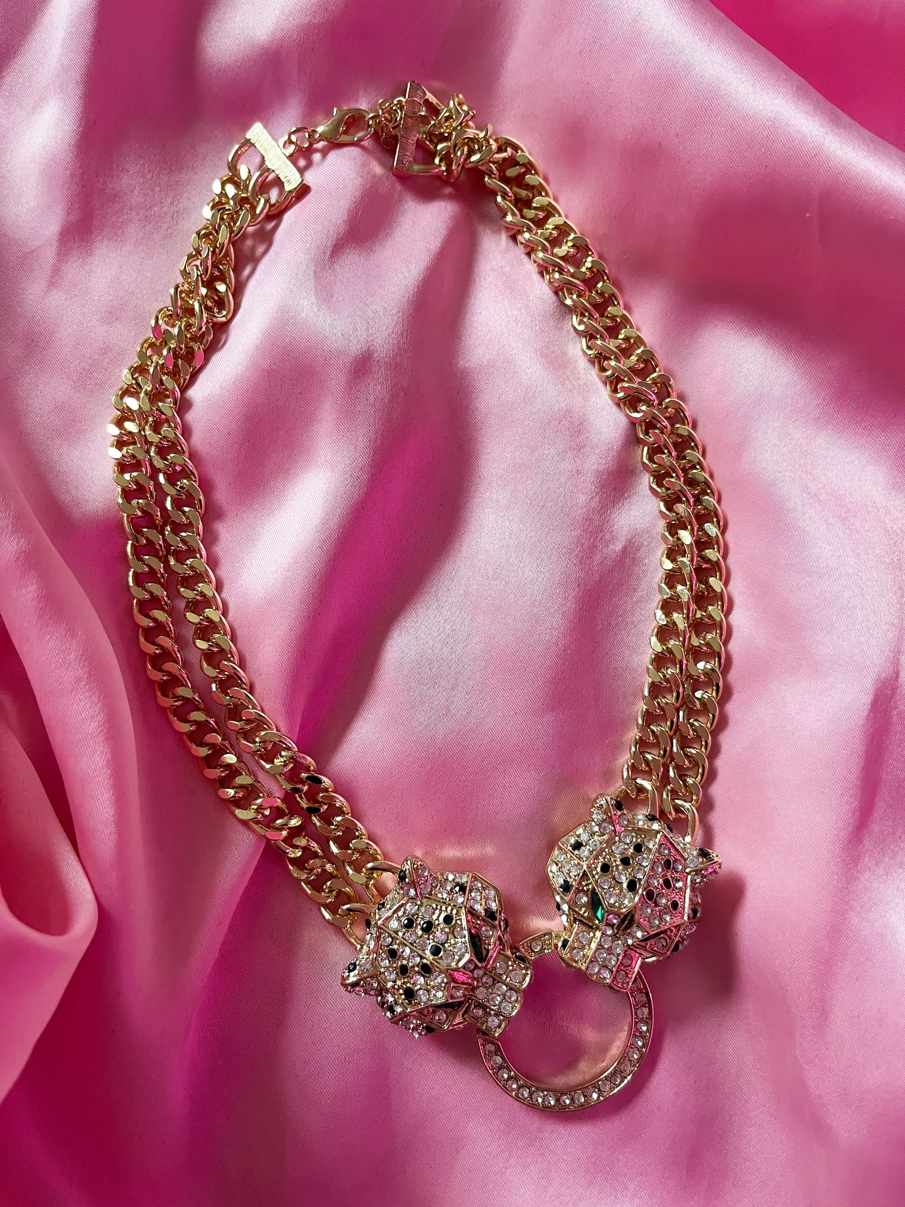 FABULOUS Gold and Crystal Double Panther Head Necklace