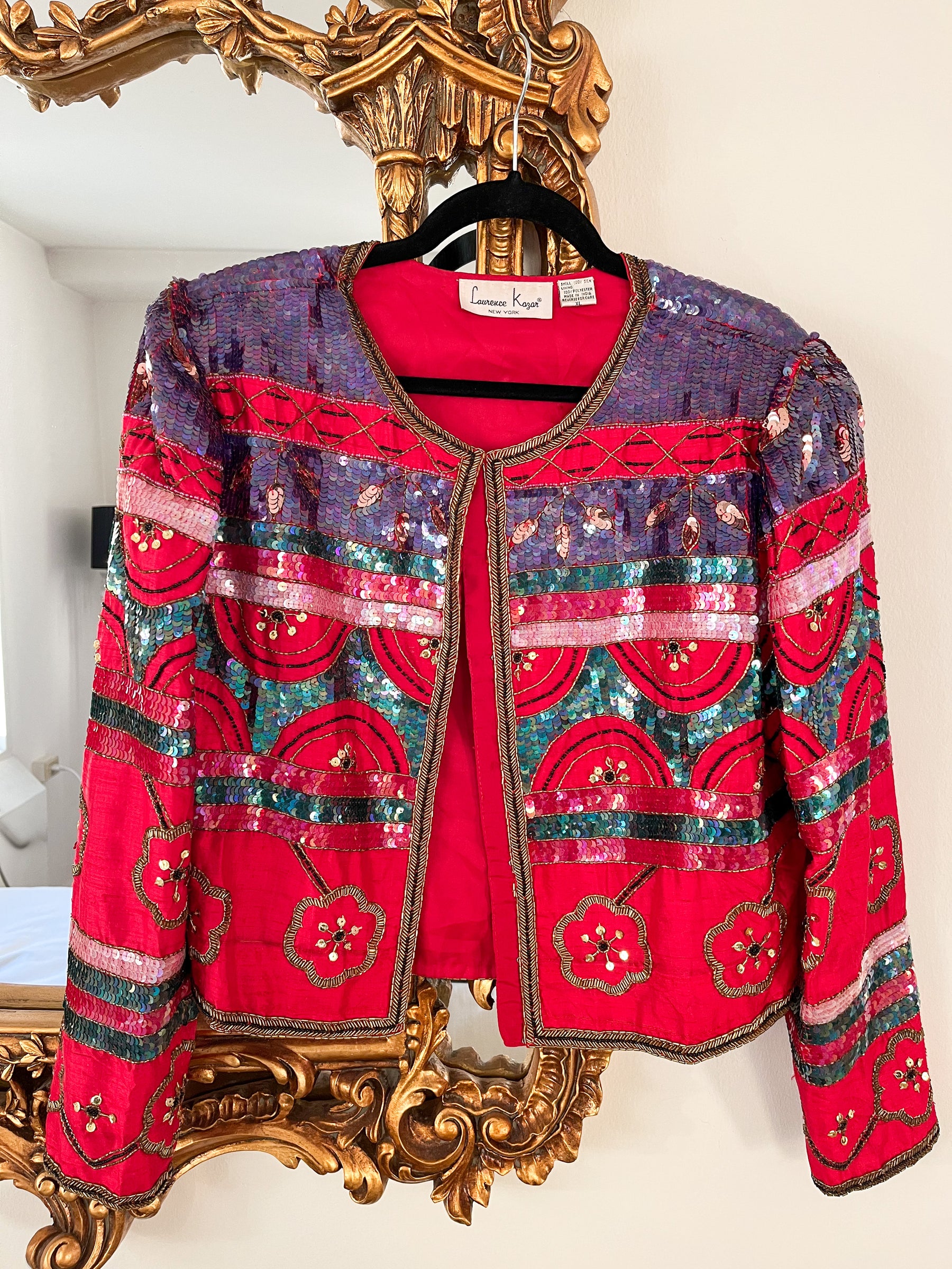 Vintage 1980's Laurence Kazar Red + Pink Sequin Blazer, XL