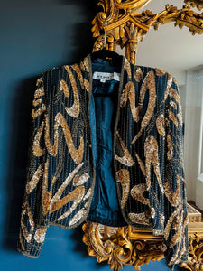Vintage 1980's Black and Gold Sequin Bolero Jacket, M