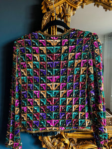 1980's Designer Vintage Jewel Tone Sequin Jacket, S