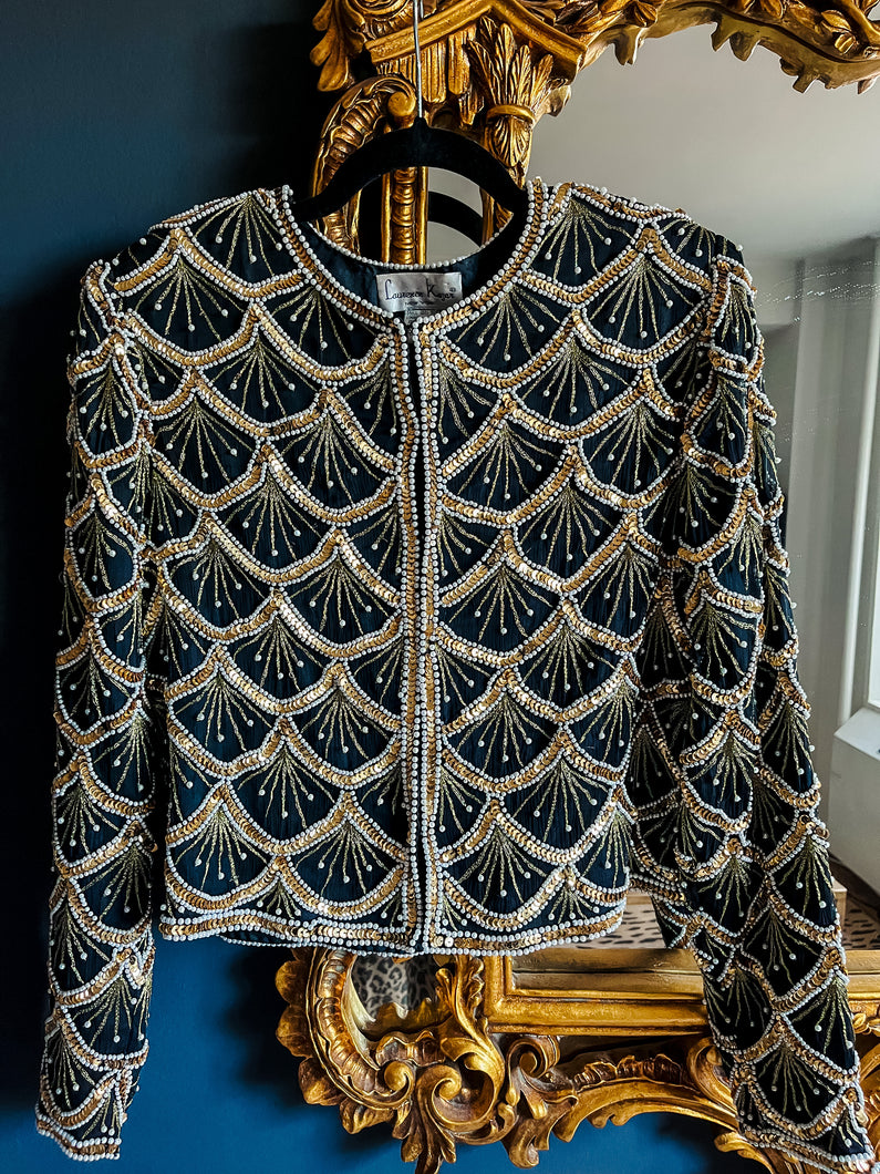 Vintage 1980's Laurence Kazar Gold Black and Pearl Sequin Jacket, L