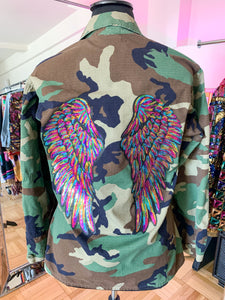 "No Angel" Rainbow Sequin Vintage Camo Jacket