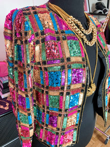 Vintage 1980's Laurence Kazar Rainbow Sequin Jacket, L