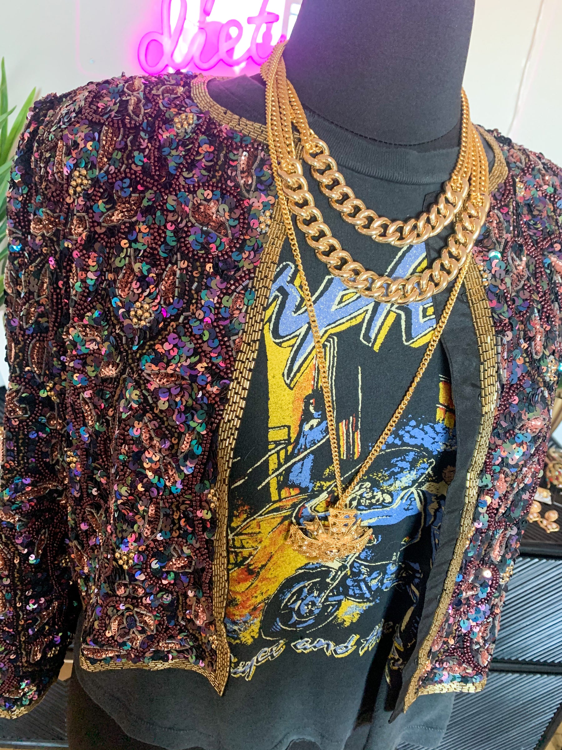 Vintage 1980's Laurence Kazar Pink and Purple Sequin Jacket, L/XL