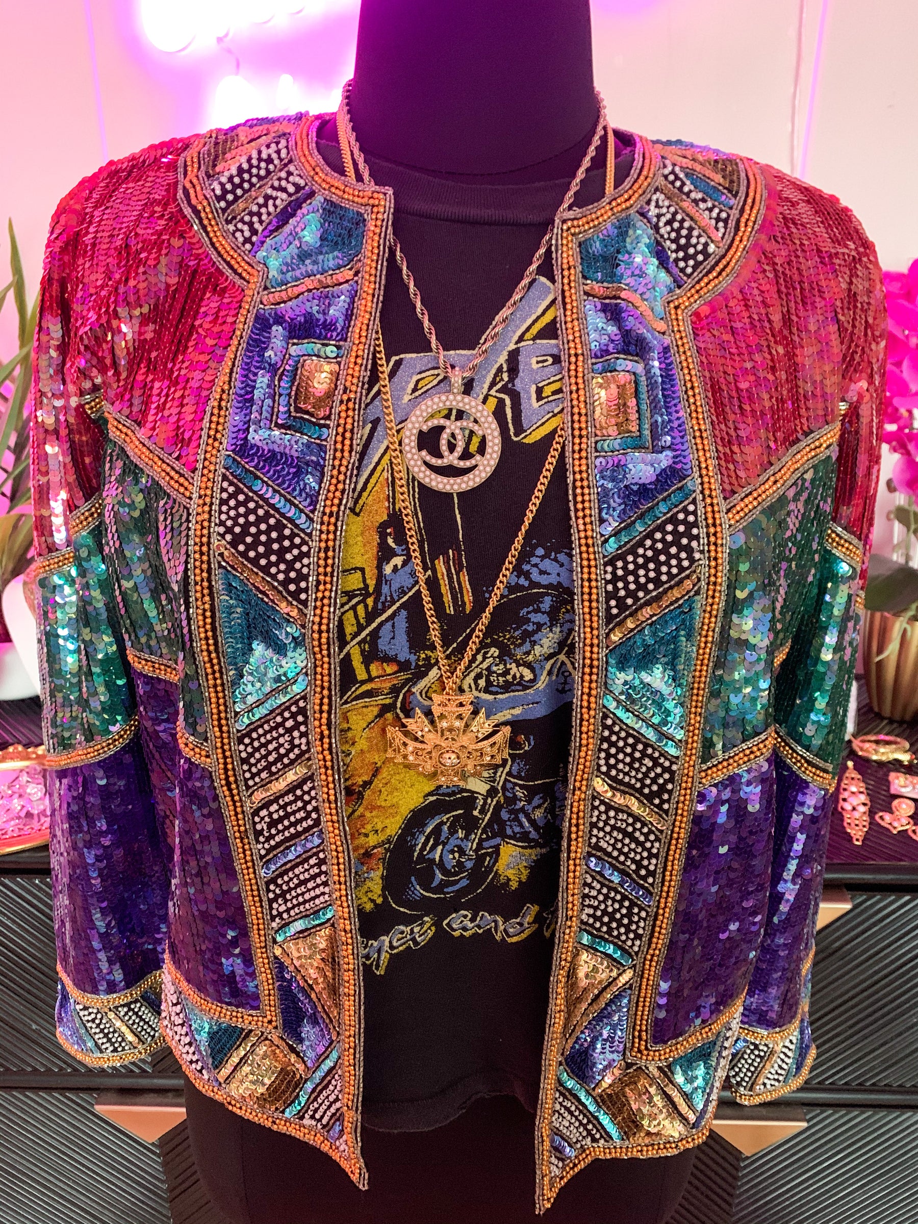 Show-Stopping Vintage 1980's Laurence Kazar Jewel Tone Sequin Jacket, XL
