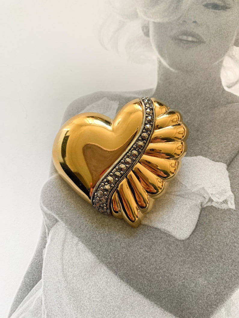 Vintage 1980's Polished Gold Heart Brooch