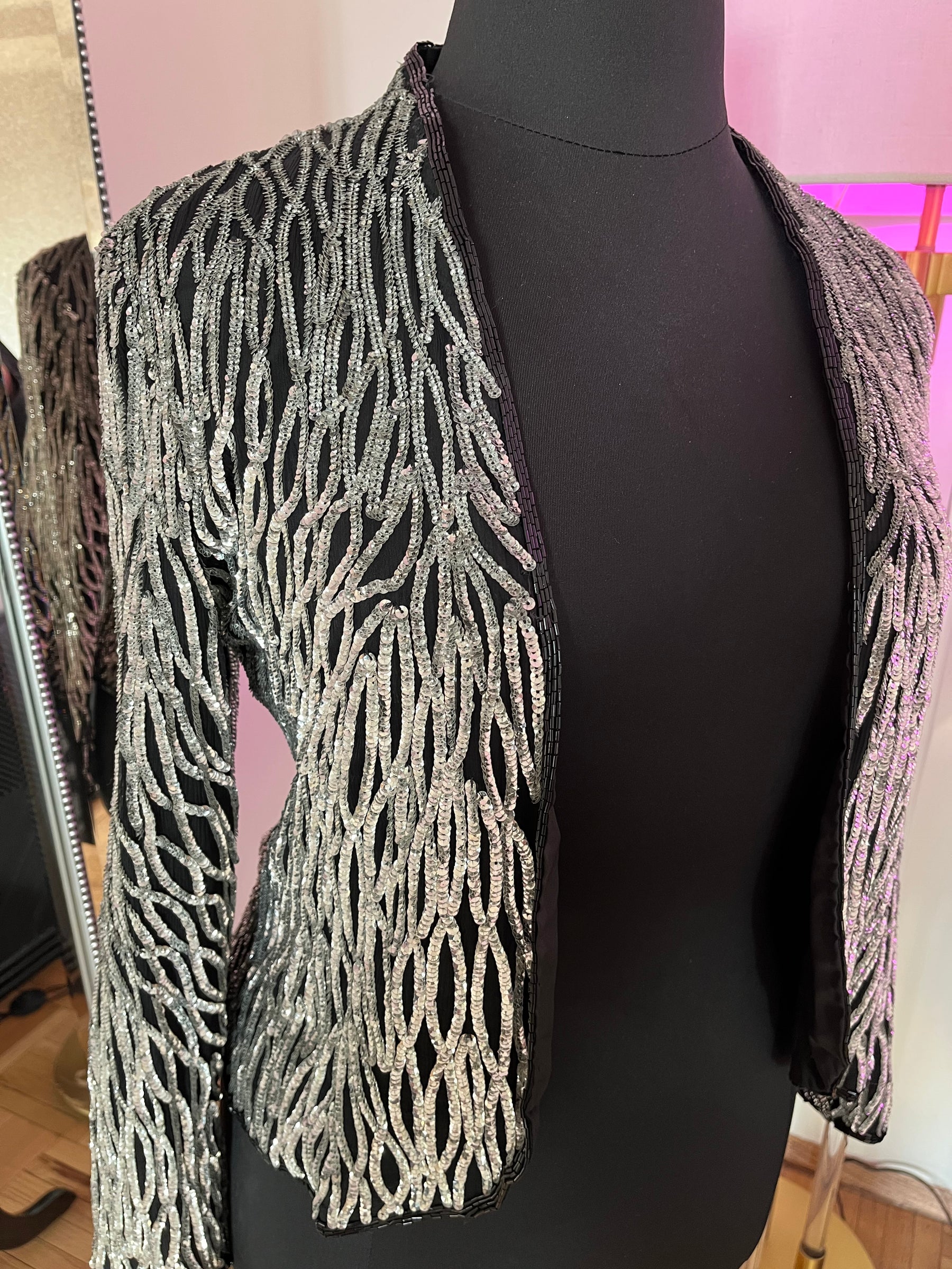 Vintage 1980's Laurence Kazar Black and Silver Sequin Jacket, M