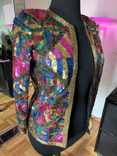 Vintage 1980's Laurence Kazar Pink, Gold and Royal Blue Sequin Jacket, M