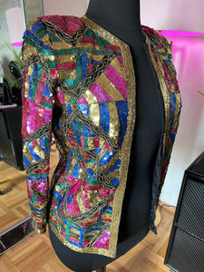 Vintage 1980's Laurence Kazar Pink, Gold and Royal Blue Sequin Jacket, M