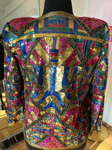 Vintage 1980's Laurence Kazar Pink, Gold and Royal Blue Sequin Jacket, M