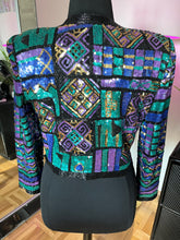 Vintage 1980's Laurence Kazar Teal and Purple Cropped Sequin Jacket, XL