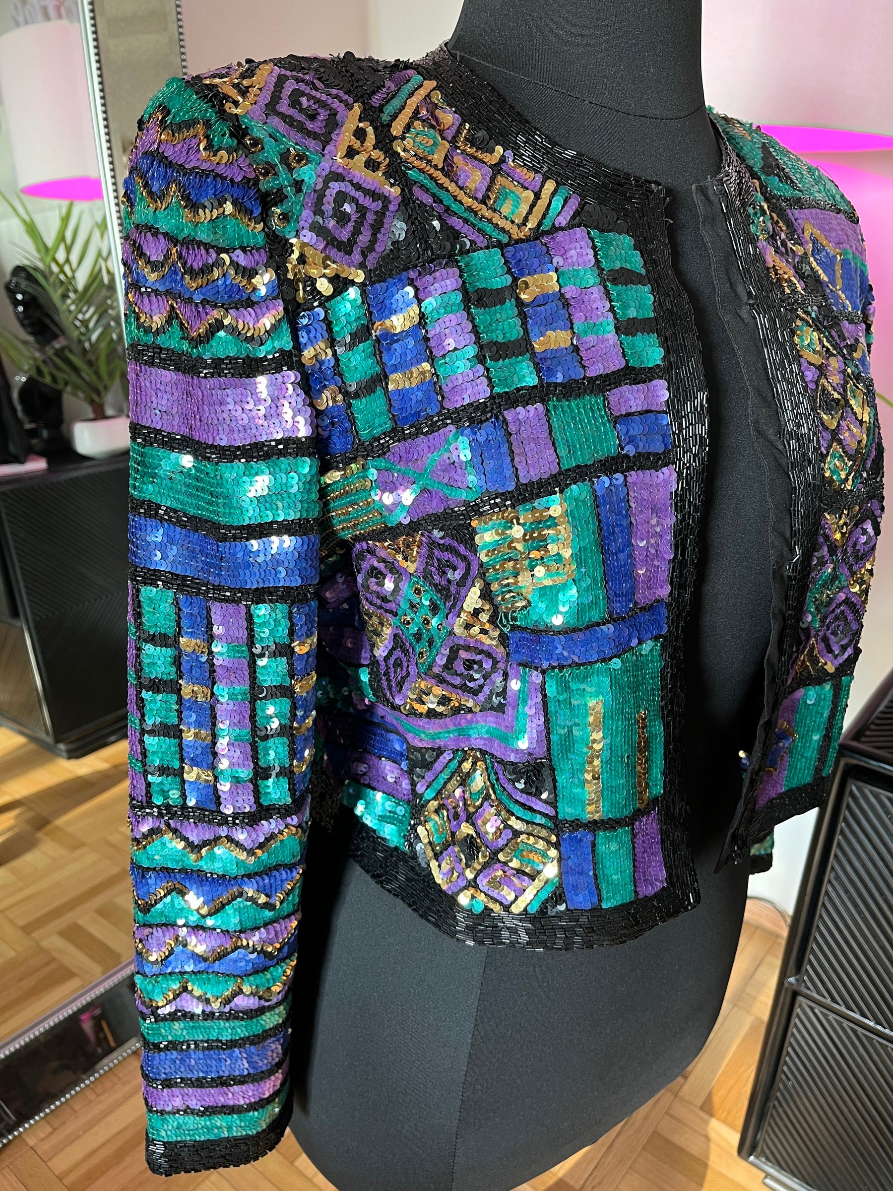 Vintage 1980's Laurence Kazar Teal and Purple Cropped Sequin Jacket, XL