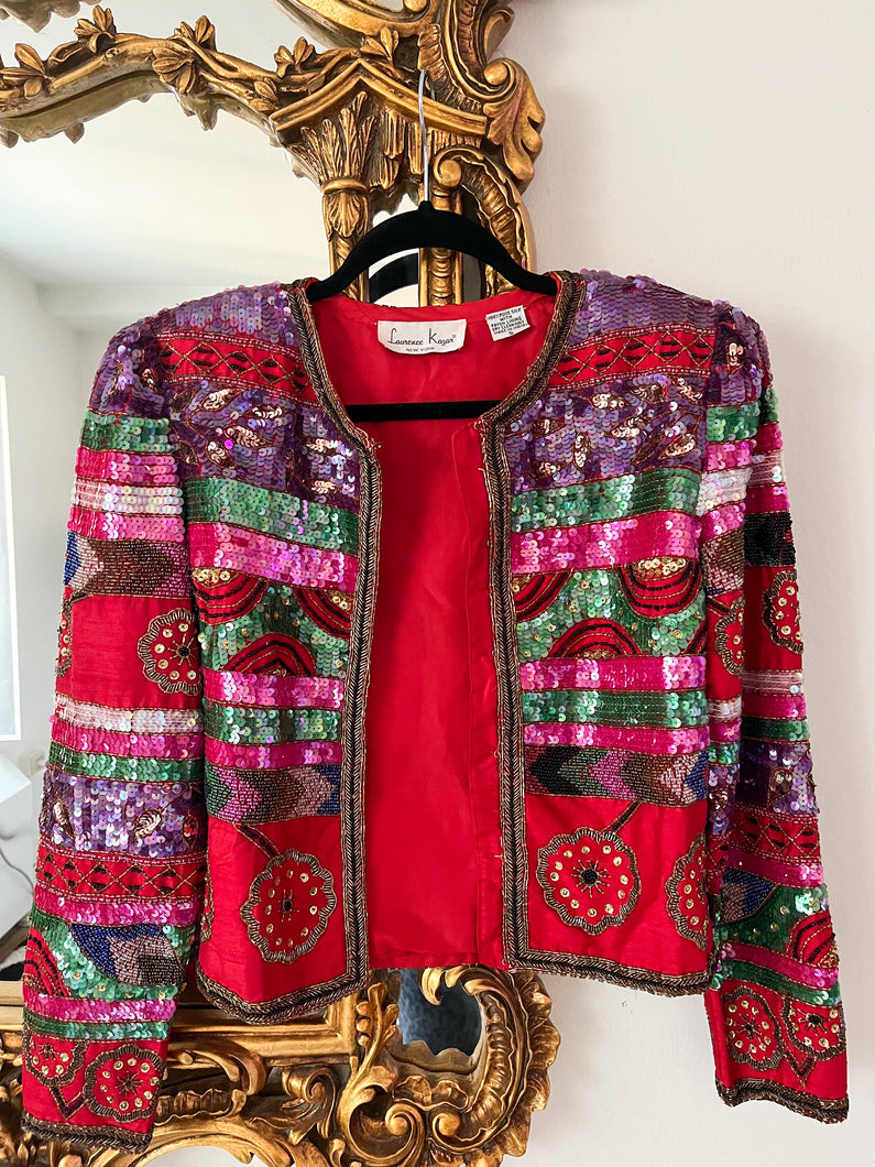 Vintage 1980's Laurence Kazar Red and Pink Sequin Jacket, S