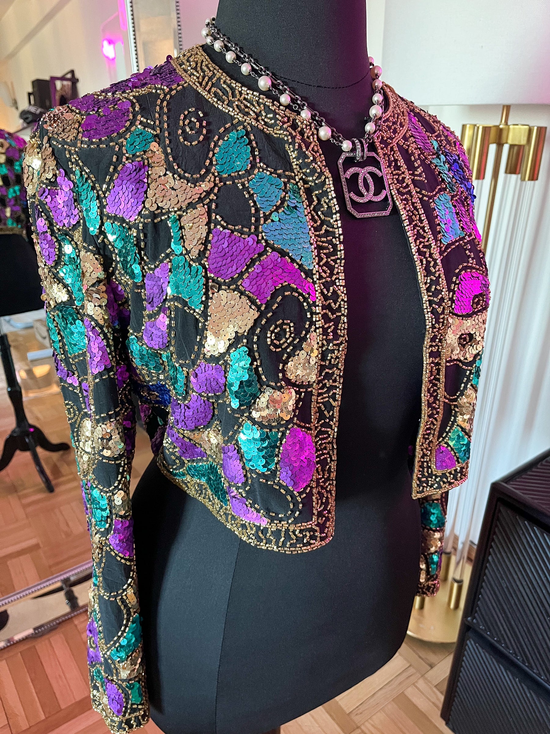 Vintage 1980's Cropped Sequin Bolero Jacket, L